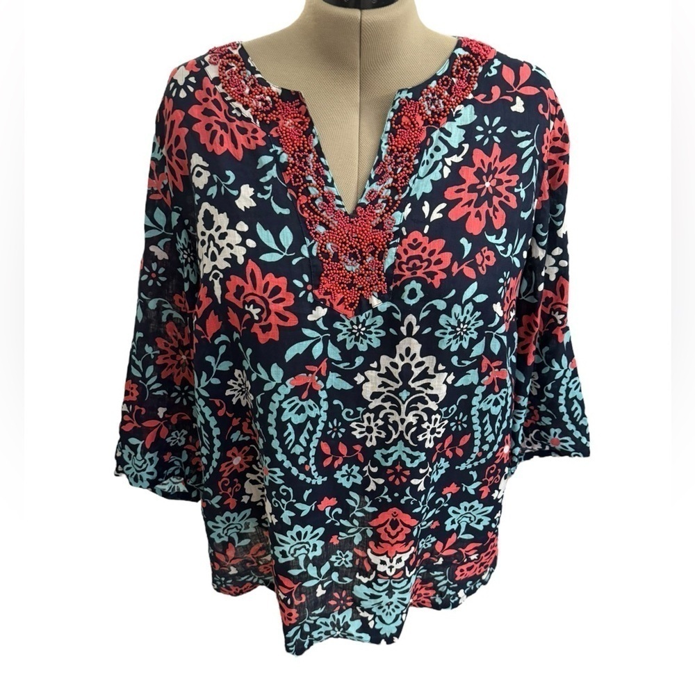 Charter Club Paisley Linen Tunic V Neck Plus Size 3X